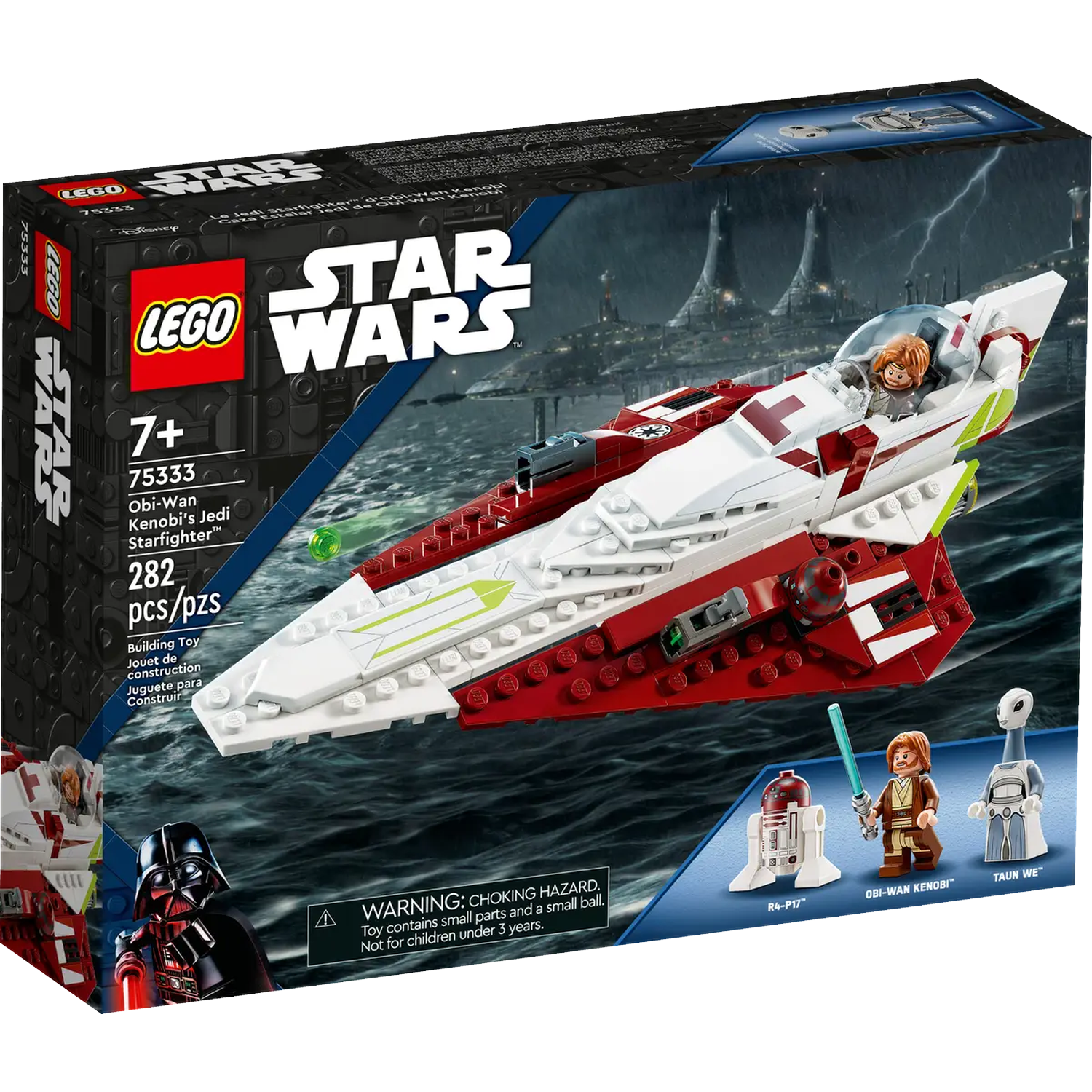 Lego Star Wars box set. It shows a Starfighter, Obi-Wan Kenobi, R4-P17, and Taun We figures. The background features a city and lightning.