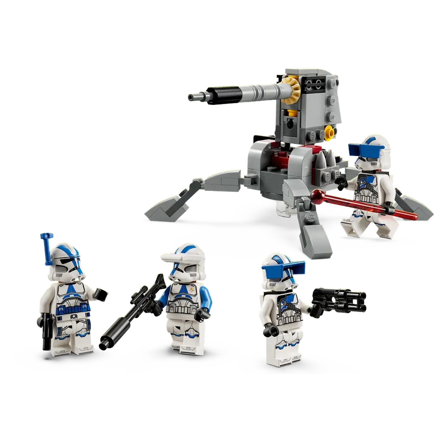 Lego Star Wars set. Clone troopers with blasters and a cannon. White and blue armor. Grey and red cannon on a white background.