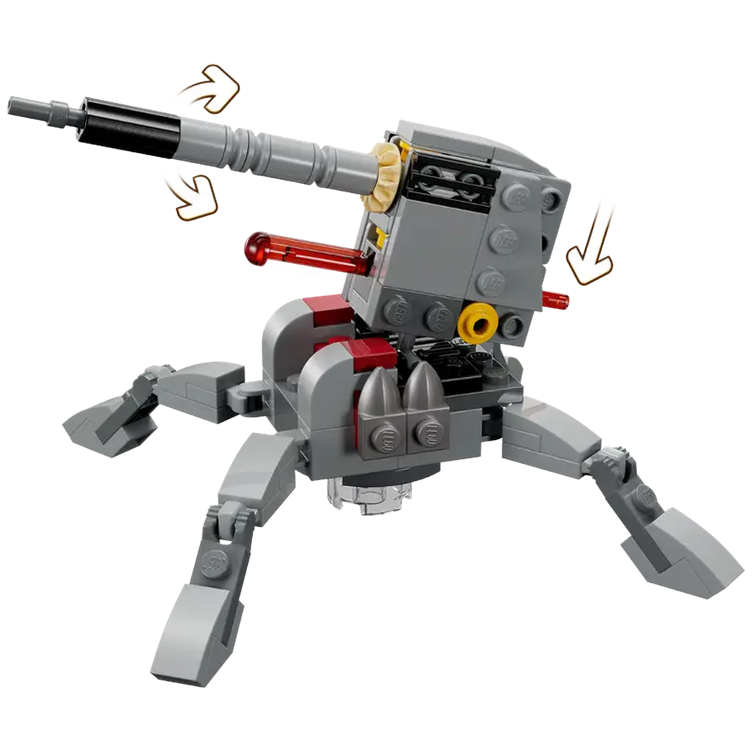 A gray Lego artillery piece with a black barrel, red accents, and three legs. Arrows indicate movement.