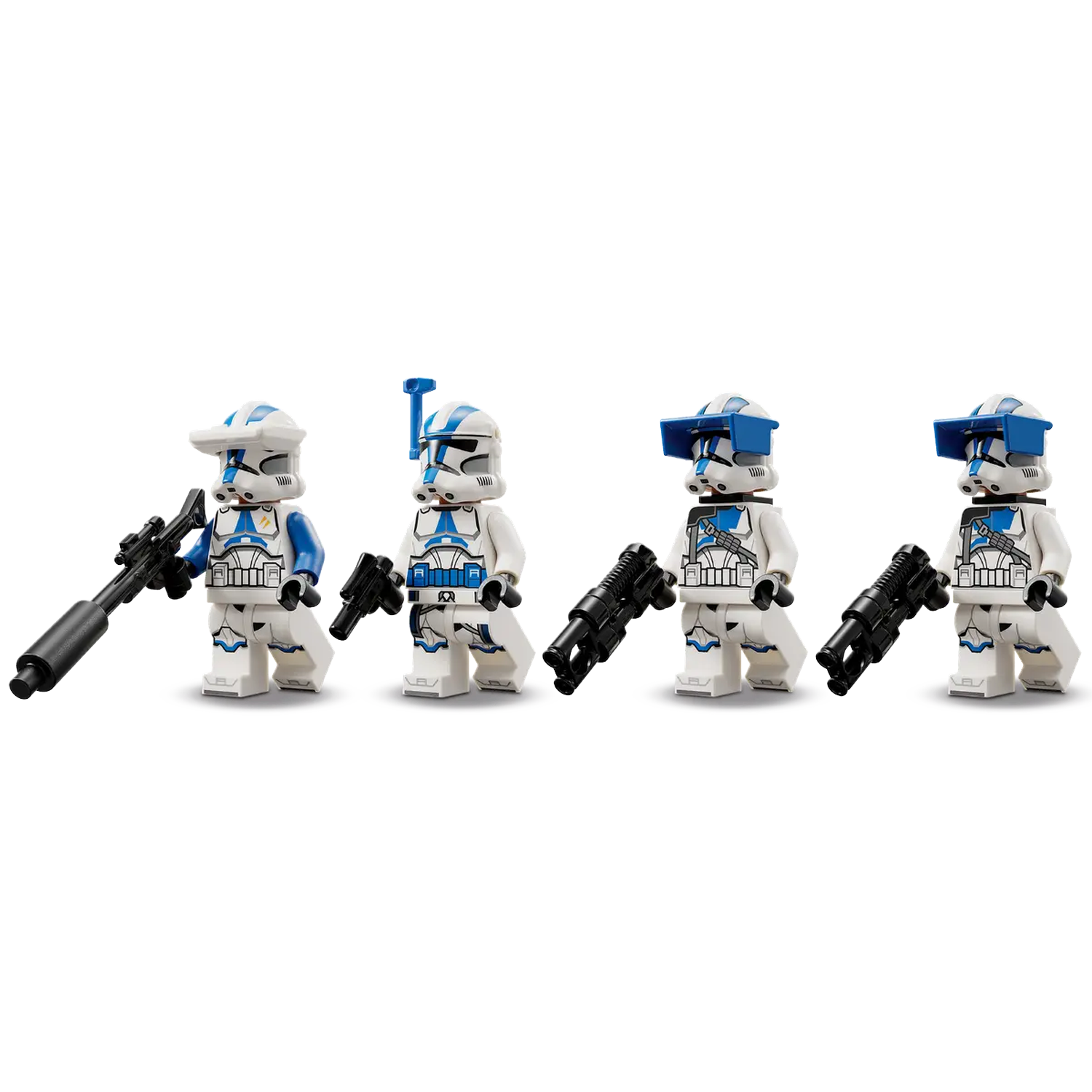 Four Lego Star Wars clone troopers with white and blue armor, helmets, and blasters, standing on a white surface.