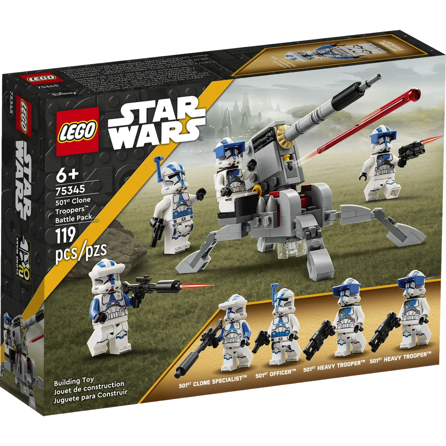 Lego Star Wars set box. Features Clone Troopers figures, a cannon, and a Star Wars logo. Background shows a battle scene.