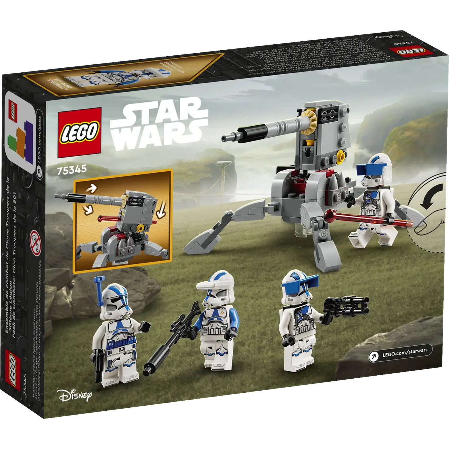 Lego Star Wars set box shows clone troopers and a walker. Blue and white figures with weapons and a gray vehicle.