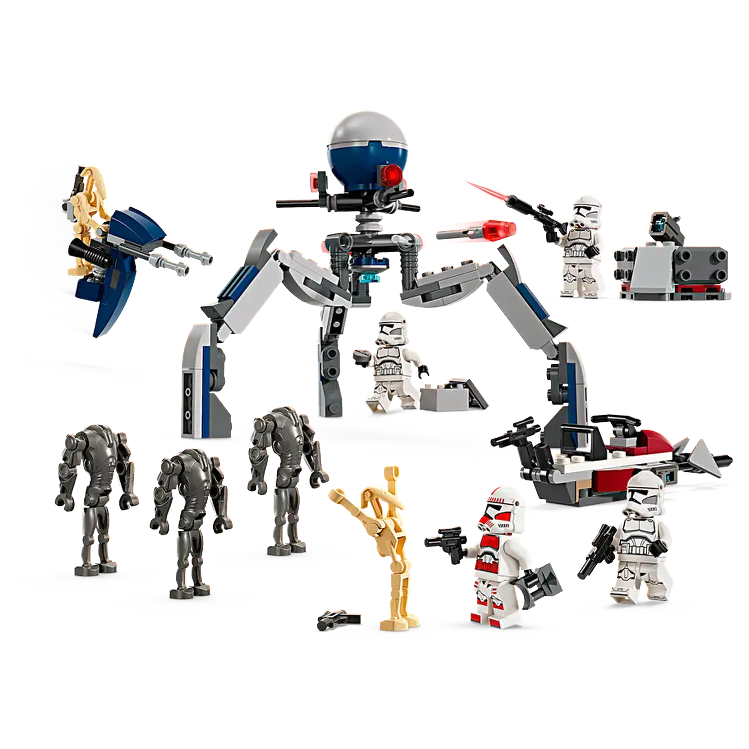 Lego Star Wars set. Includes various figures, a large mech, multiple vehicles, and several battle droids and clone troopers.