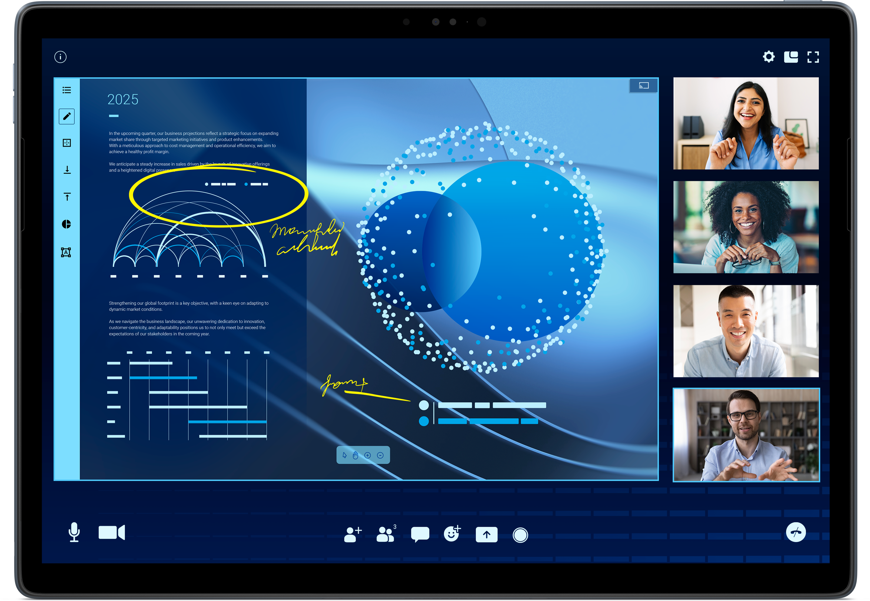 Tablet-Bildschirm mit Geschäftsdaten, Videoanruffenstern, und verschiedenen Symbolen. Blaue und weiße Grafiken. Mehrere Gesichter.
