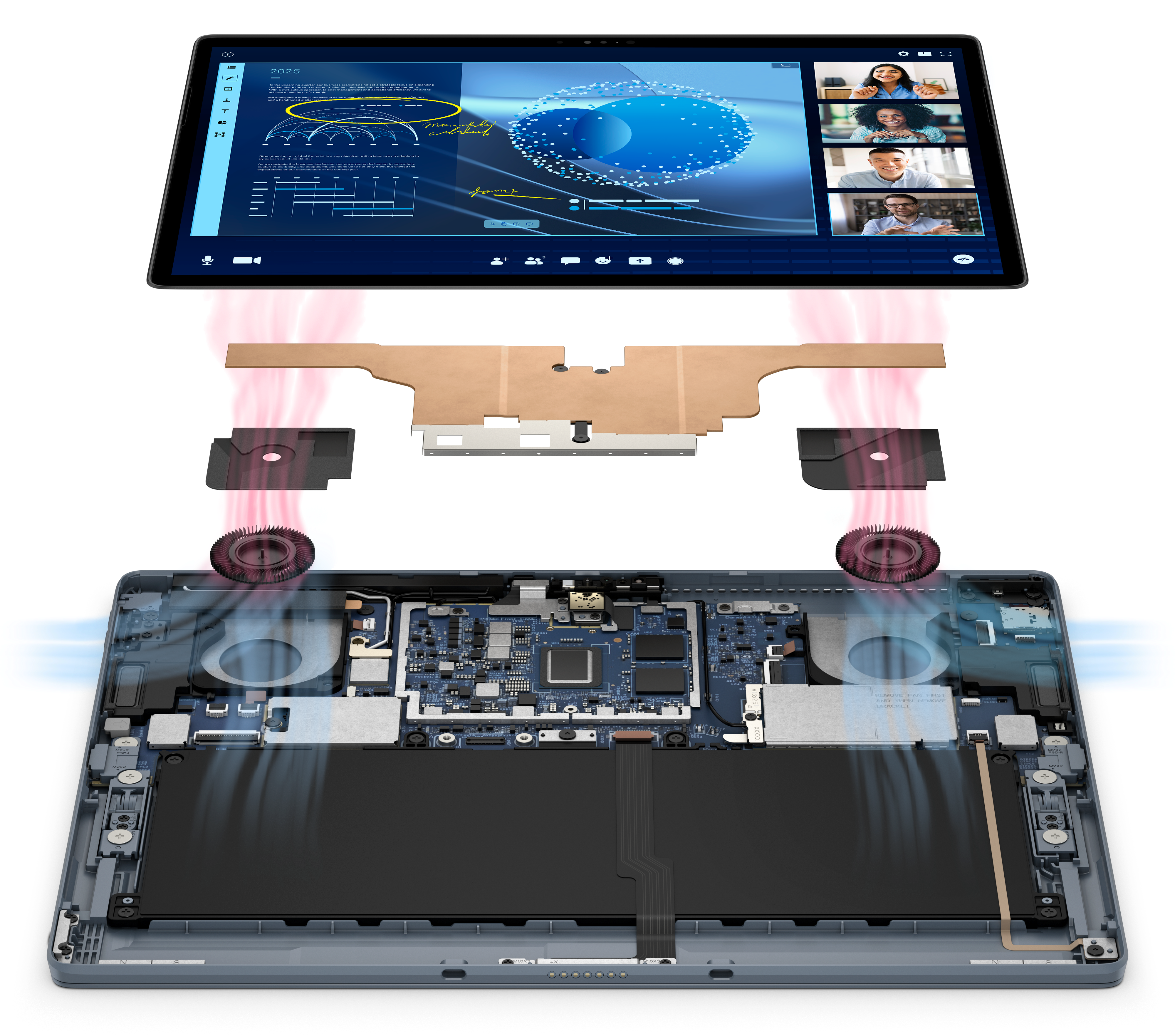 Explosionsansicht eines Tablets, die seine inneren Komponenten und einen Videoanruf auf dem Bildschirm zeigt.