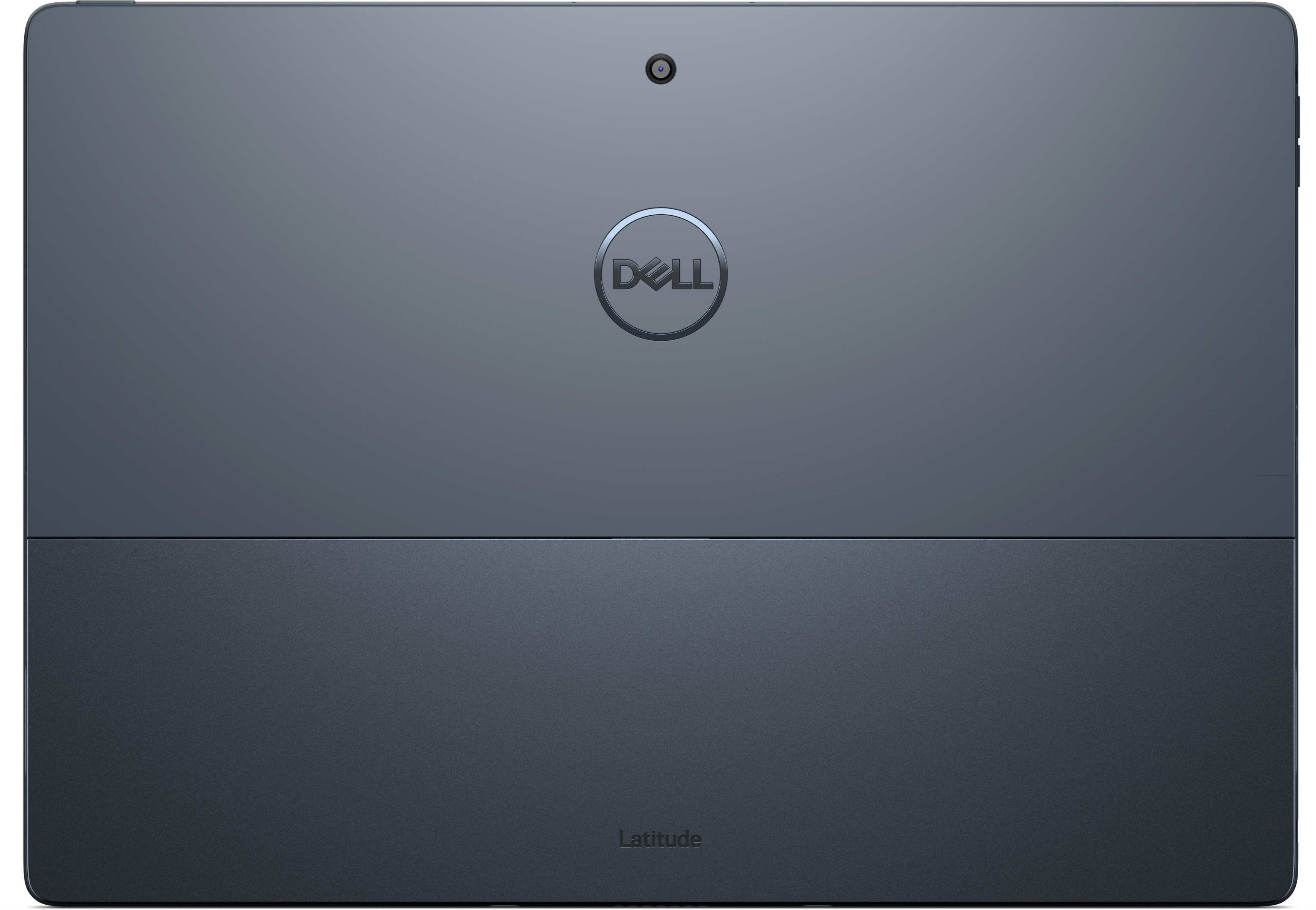 Rückseite eines Dell Latitude Tablets. Es ist dunkelgrau mit Dell-Logo, Kamera und dem Text 'Latitude'.