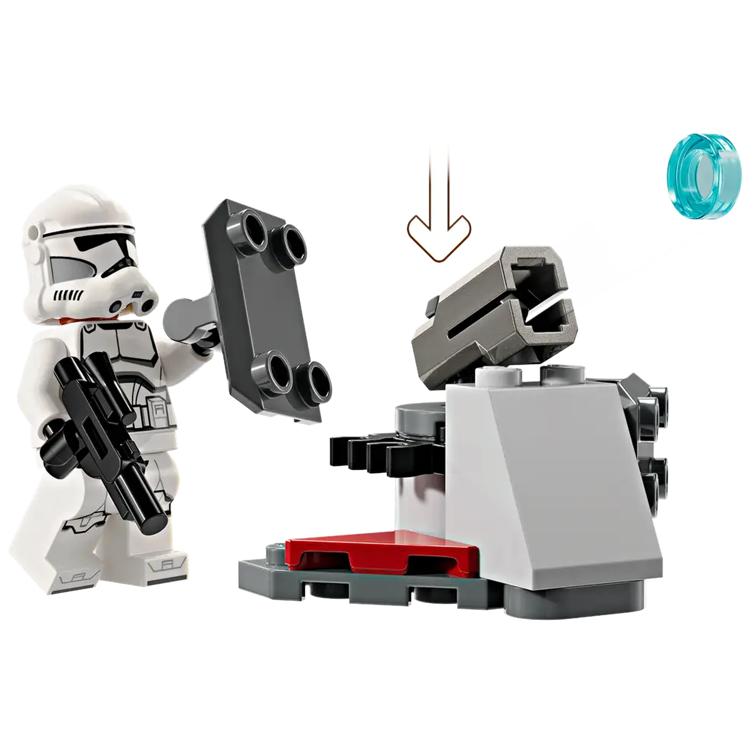 A Lego scene shows a Stormtrooper figure with a black blaster. Beside it is a Lego machine with an arrow pointing down.