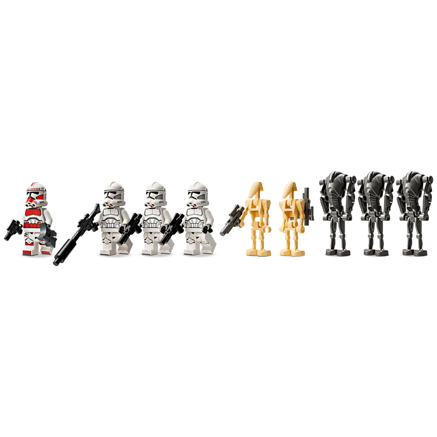 Lego Star Wars figures: red and white clone trooper, white clone troopers, tan droids, and black droids, all with weapons.