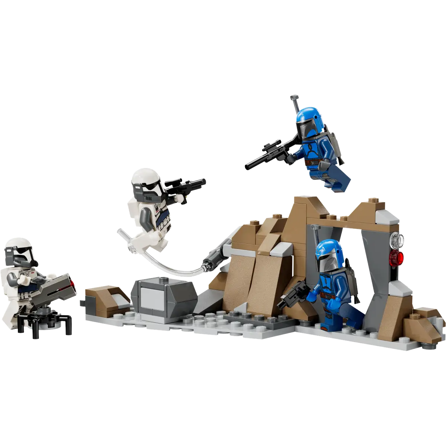 Lego Star Wars scène met figuren. Blauwe en witte figuren met blasters zijn gepositioneerd rond een bruine en grijze structuur.