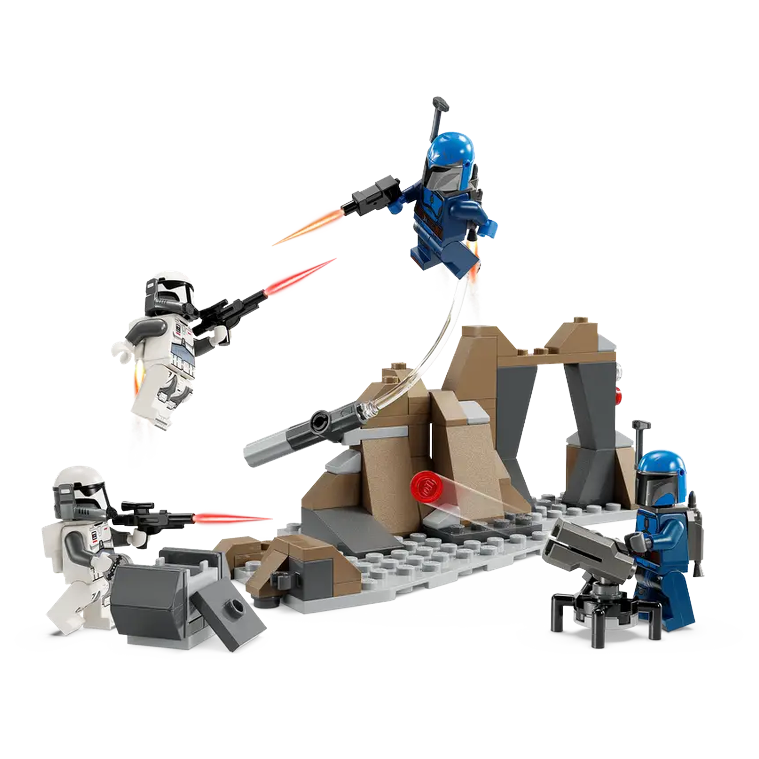 Lego Star Wars set. Twee witte figuren vuren blasters af, twee blauwe figuren in actie. Bruine rotsstructuur op de achtergrond.