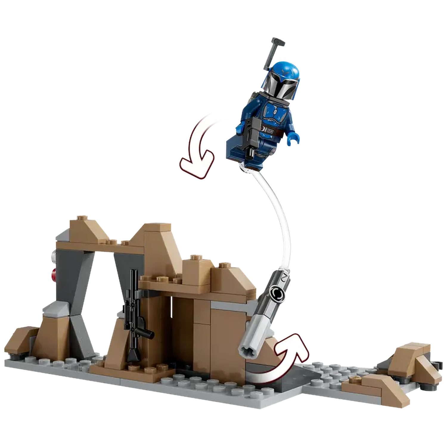 Een Lego Mandalorian-figuur in blauw pantser zweeft boven een bruine structuur, verbonden door een heldere staaf. Pijlen geven actie aan.