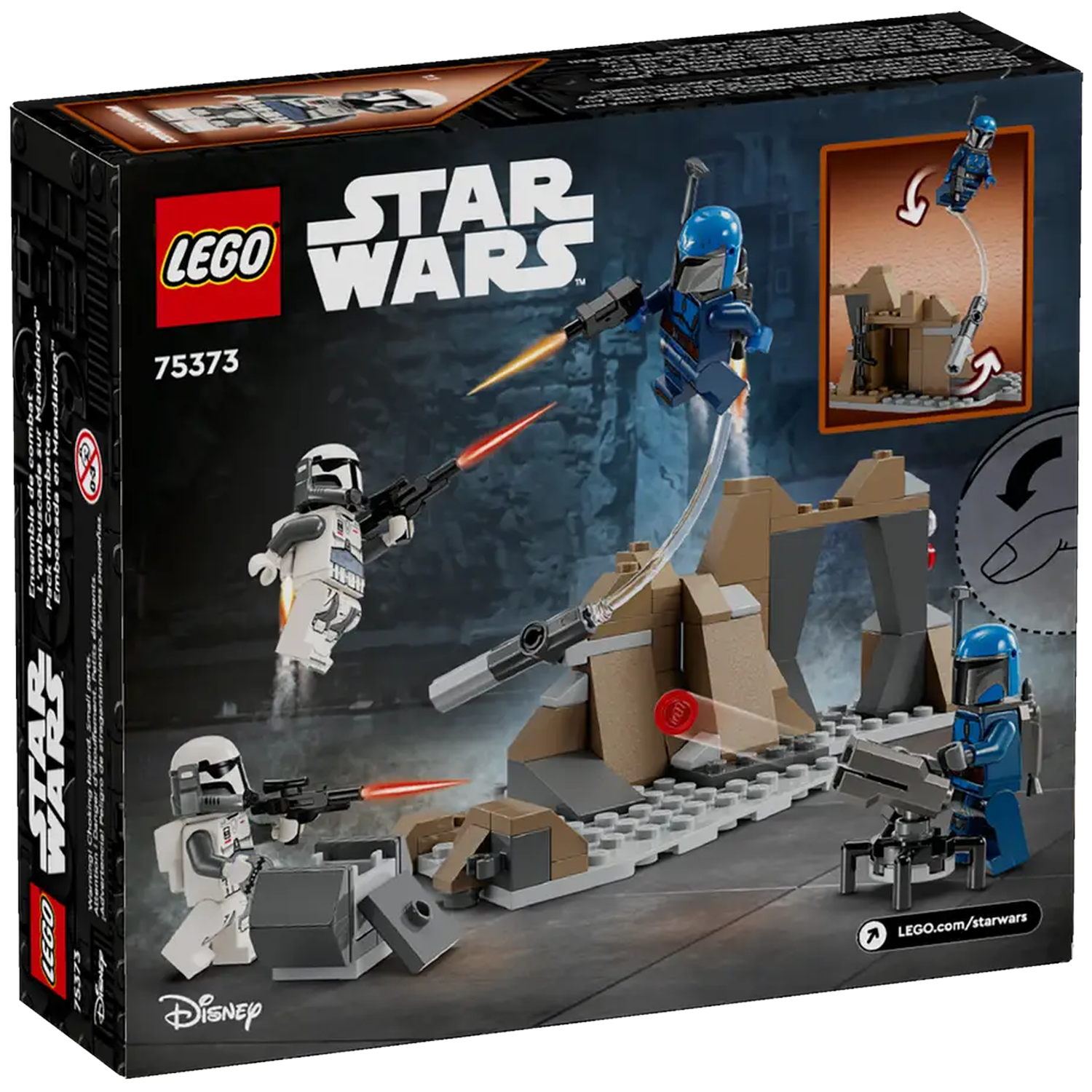 LEGO Star Wars set doos. Toont Mandalorian figuren, structuren en blasters. Inclusief LEGO en Disney logo's.