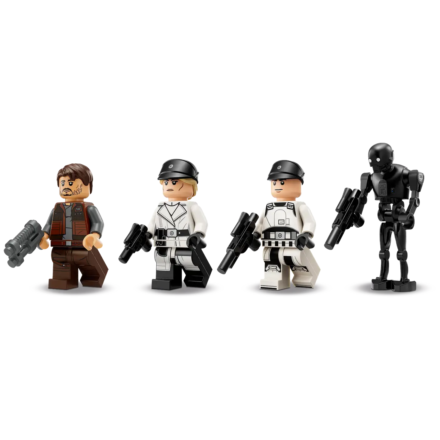 Four Lego figures: a man, two white-clad figures, and a black robot, all holding guns against a white background.