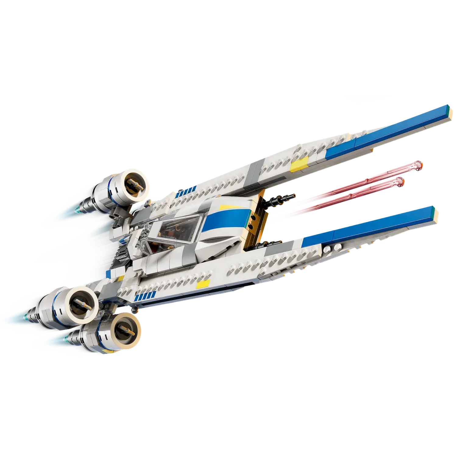 A Lego Star Wars ship, white with blue and yellow accents, firing red lasers. Engines have motion blur effect, on a white background.