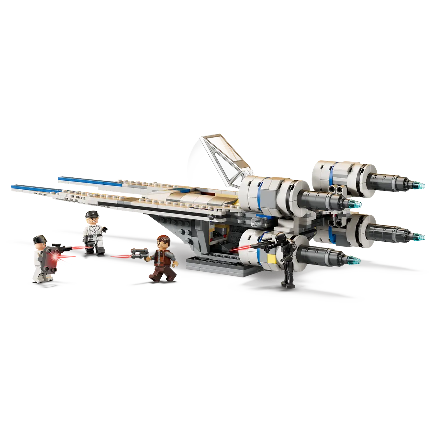Lego Star Wars set. A white and gray spaceship with blue accents. Several minifigures are present, some firing red lasers.