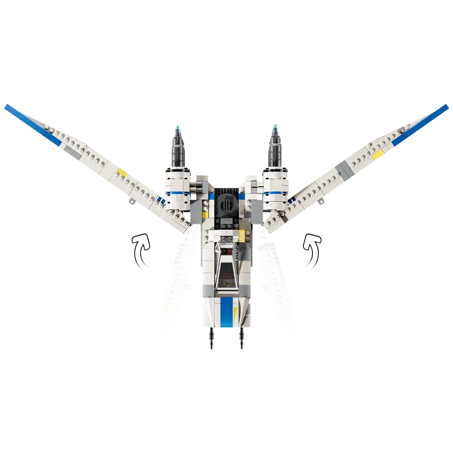 A Lego Star Wars ship with wings extended. It is white with blue and yellow accents. Arrows indicate wing movement.