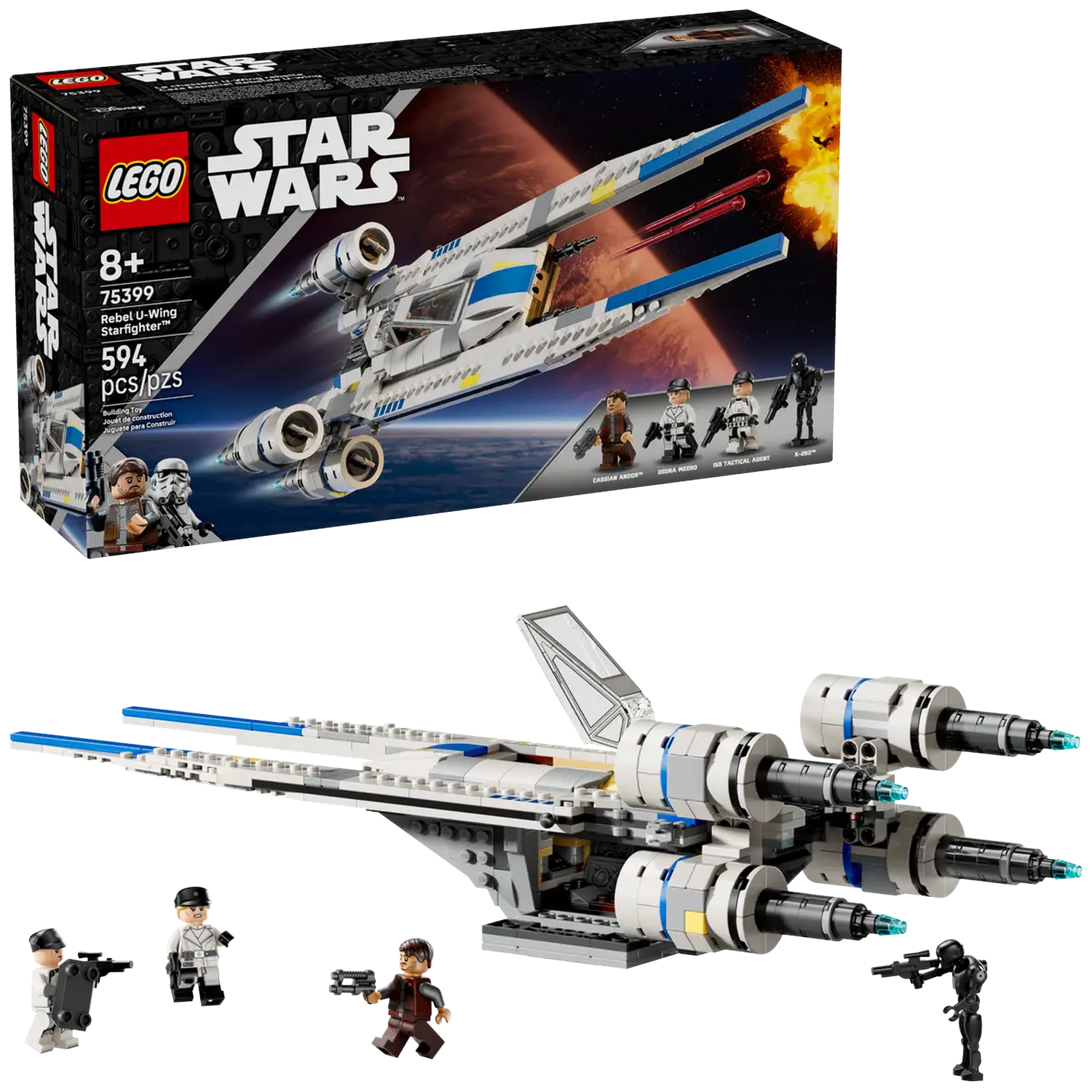 A Lego Star Wars set, U-Wing Starfighter, with minifigures and box art showing the ship in flight.