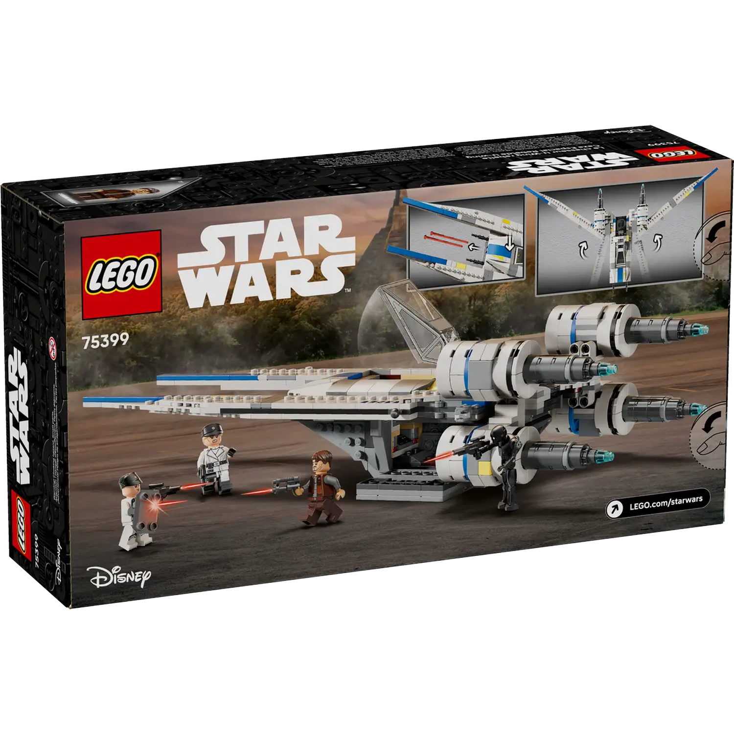 Lego Star Wars box, featuring a model X-wing fighter and minifigures. The box has the Lego and Disney logos.