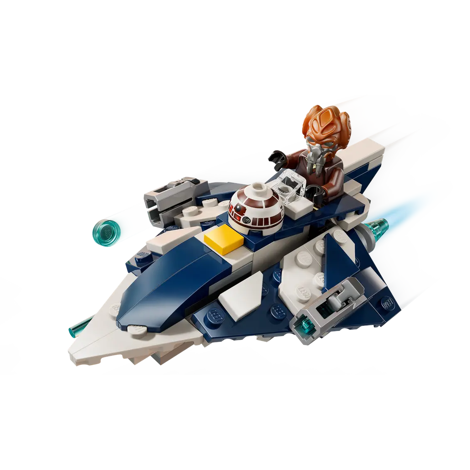A Lego Star Wars ship with a pilot. The ship is blue, white, and grey. The pilot has an orange helmet and a brown suit.