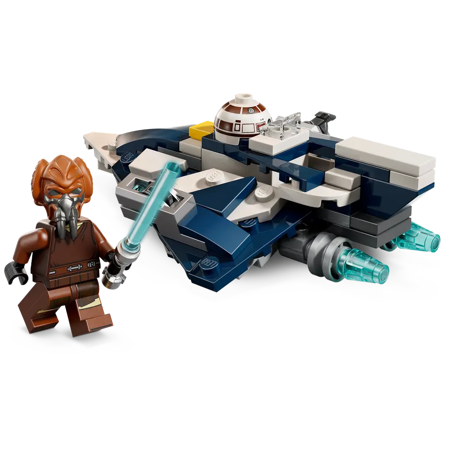 A Lego Star Wars set features a minifigure with a lightsaber and a blue and white spaceship.