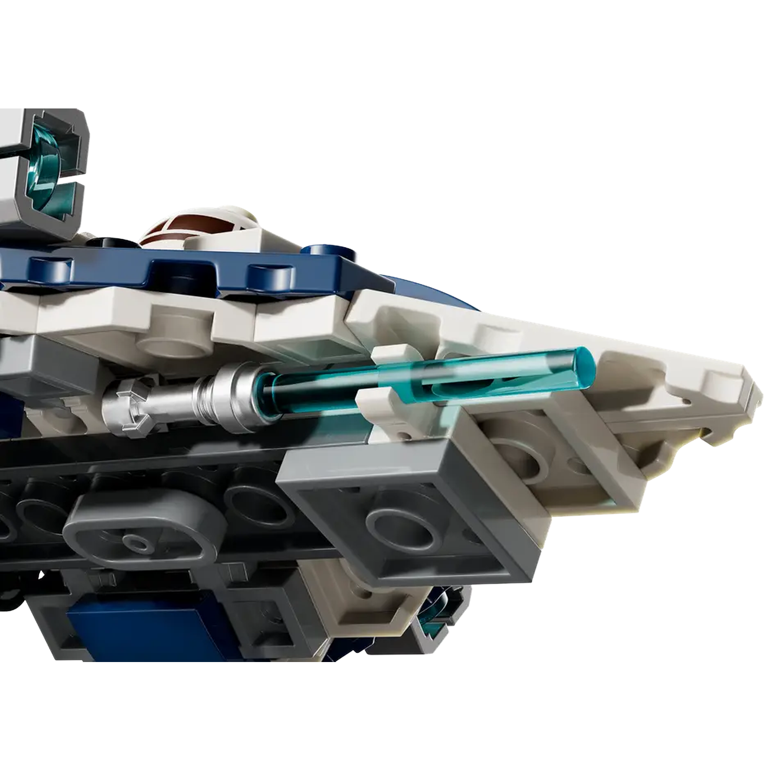 A close-up of a Lego spaceship detail. It has white, blue, gray blocks, a clear blue tube, and a silver cylinder. The background is white.