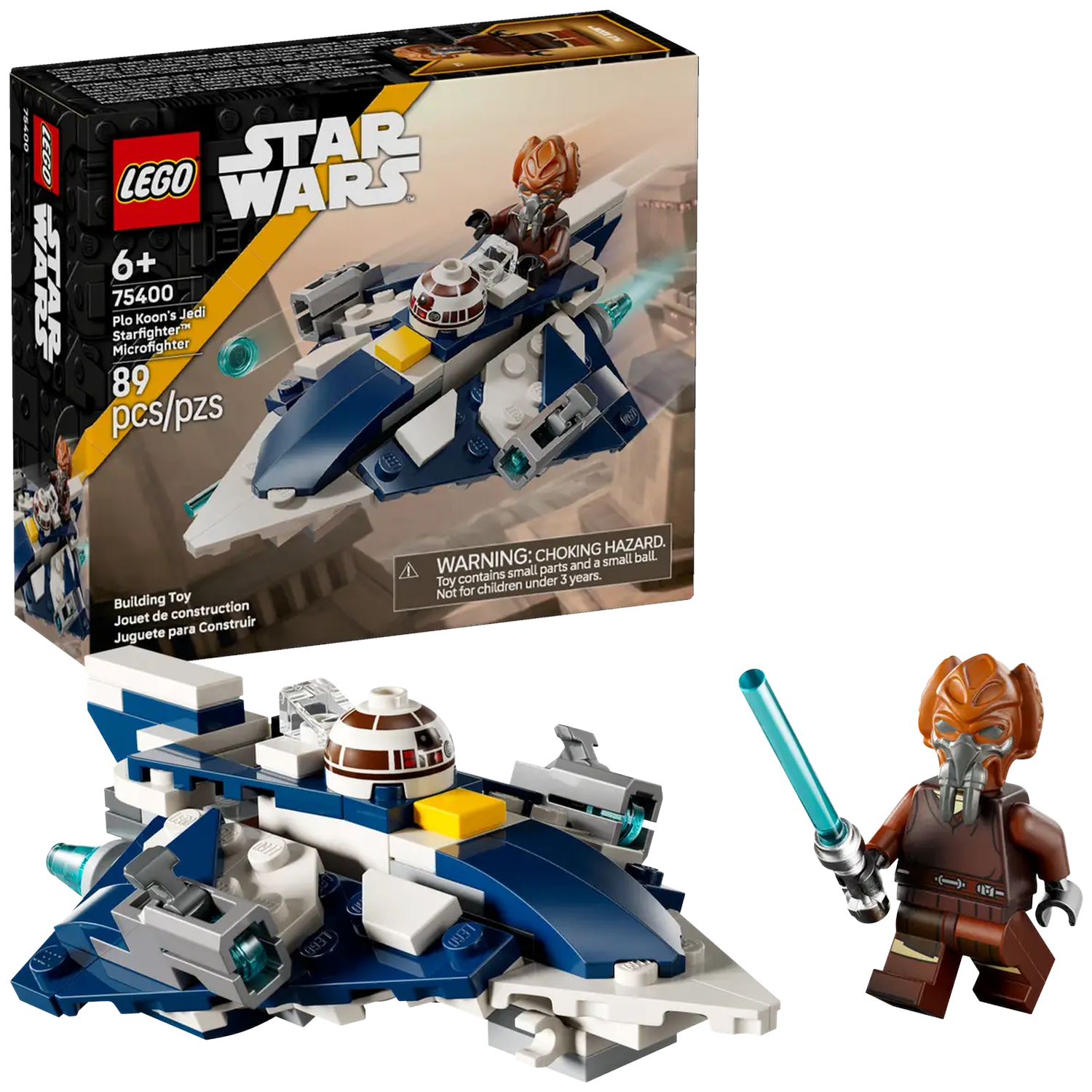 A Lego Star Wars set. It features a blue and white starfighter, a Plo Koon figure, and the set's packaging.