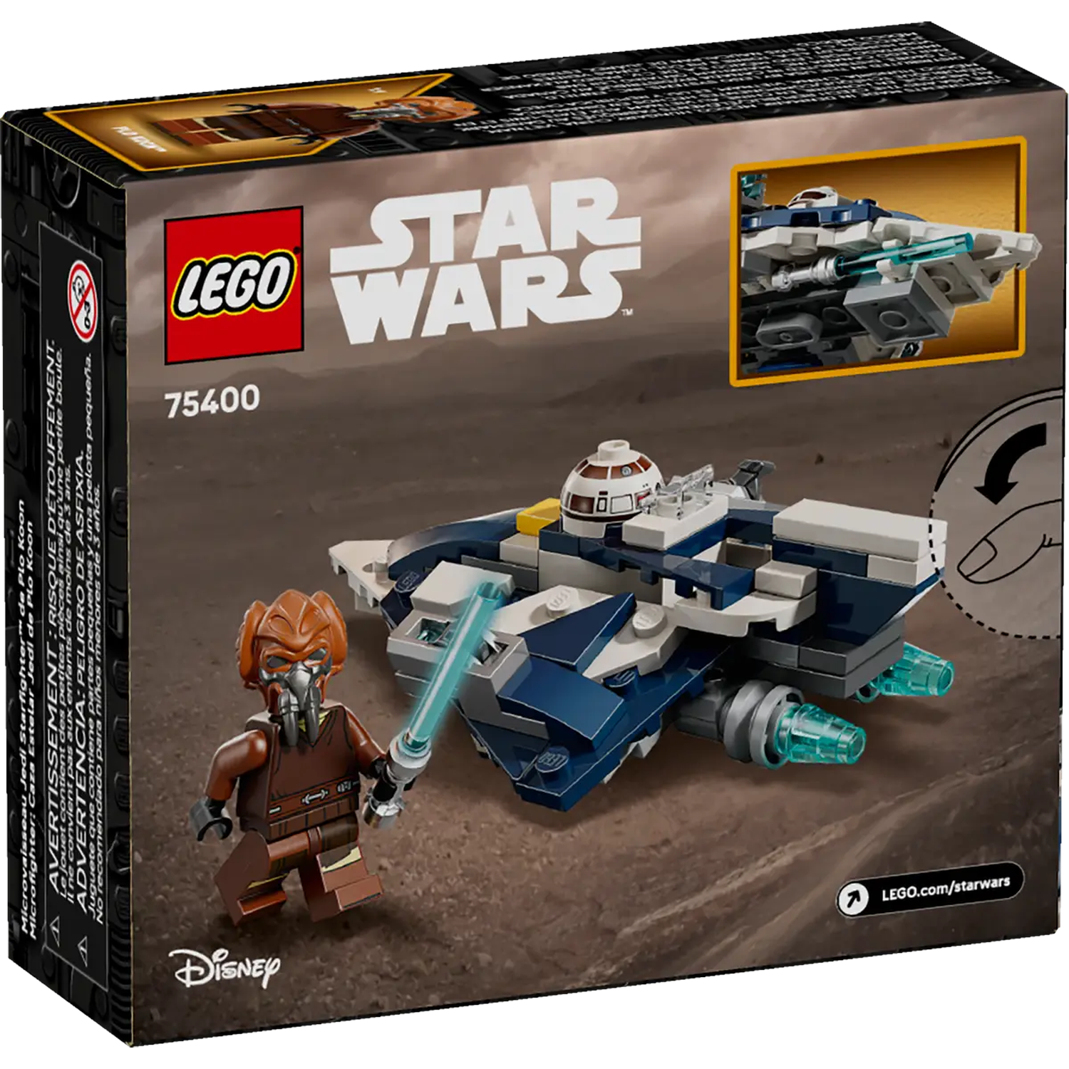 Lego Star Wars box. Features a Lego Jedi Starfighter and Plo Koon minifigure holding a lightsaber. The background is a desert scene.