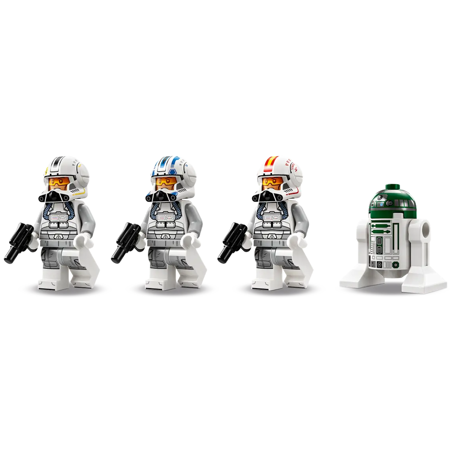 Four Lego Star Wars figures on white. Three troopers with helmets and blasters, one R2-D2 droid.