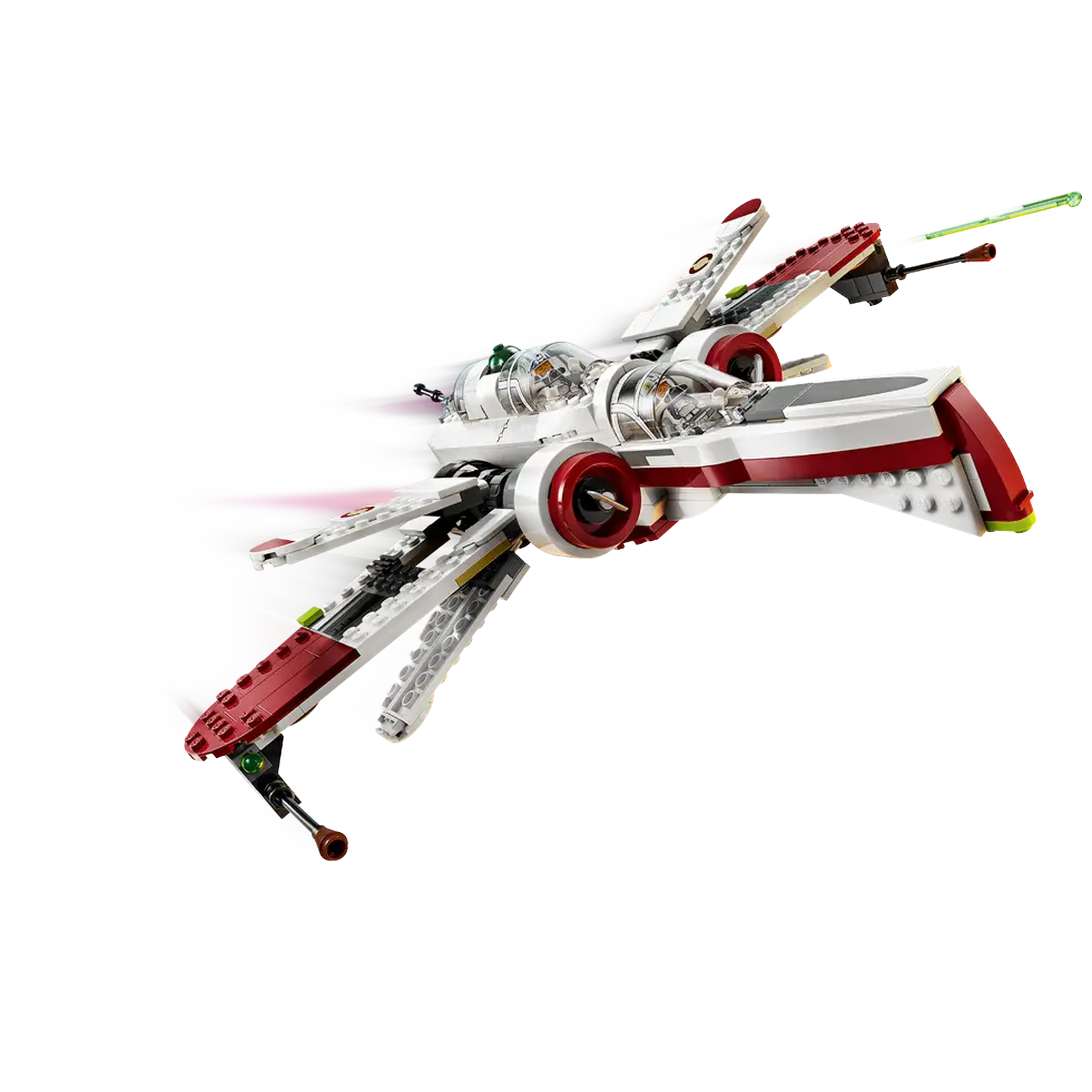A Lego Star Wars ship, white with red accents, is in motion. It has wings and a cockpit. Motion blur suggests fast movement.