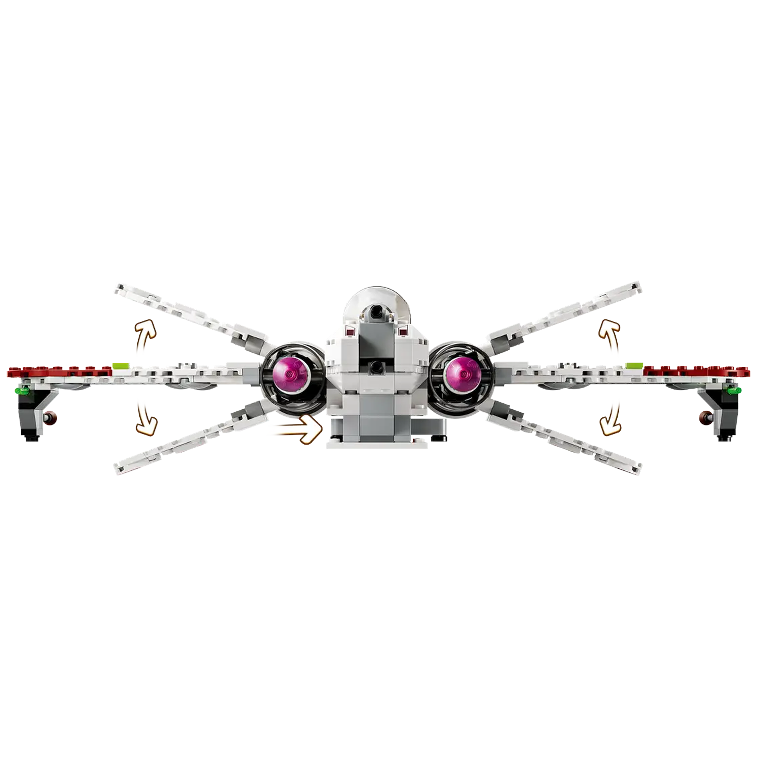 A white Lego X-wing fighter with red and green wing tips and two pink engines. The wings are shown in motion.