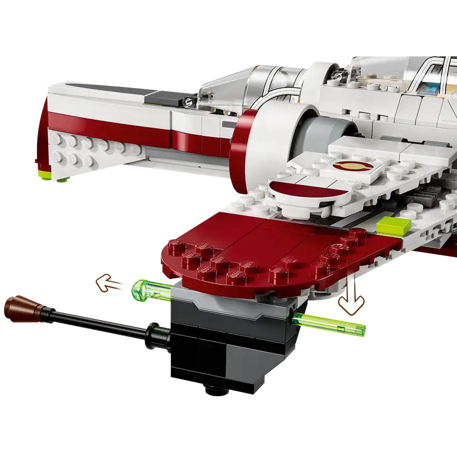 A Lego Star Wars ship. It has white and red wings. A black cannon is on the side, and there are arrows showing assembly.