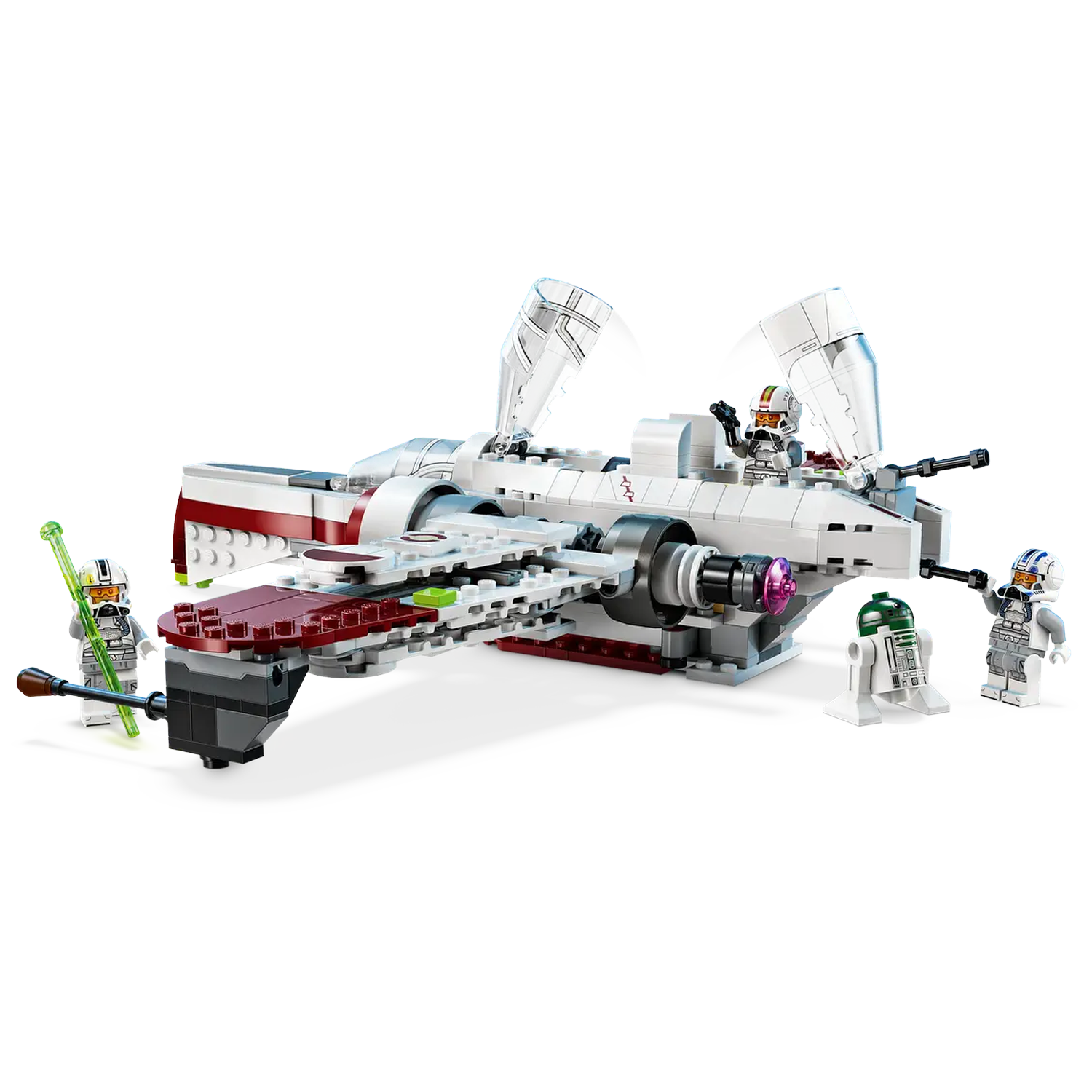 A Lego Star Wars set featuring a white and red starfighter with several minifigures, including pilots and droids, on a white background.