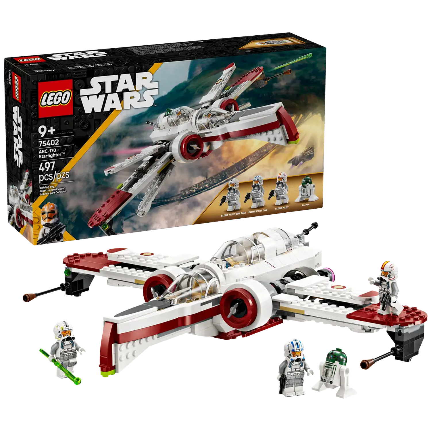 A Lego Star Wars set featuring an ARC-170 Starfighter and minifigures. The set is displayed with its box, and the ship is white and red.