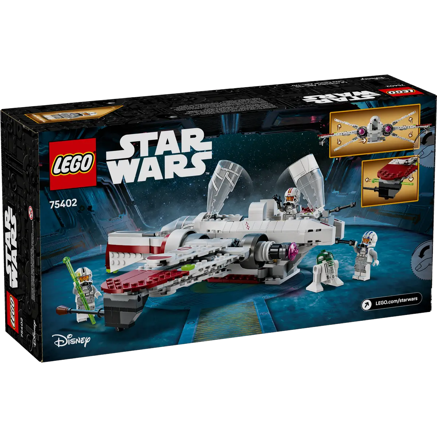 A Lego Star Wars set box. It features a white and red starfighter with minifigures. The background is a space scene.