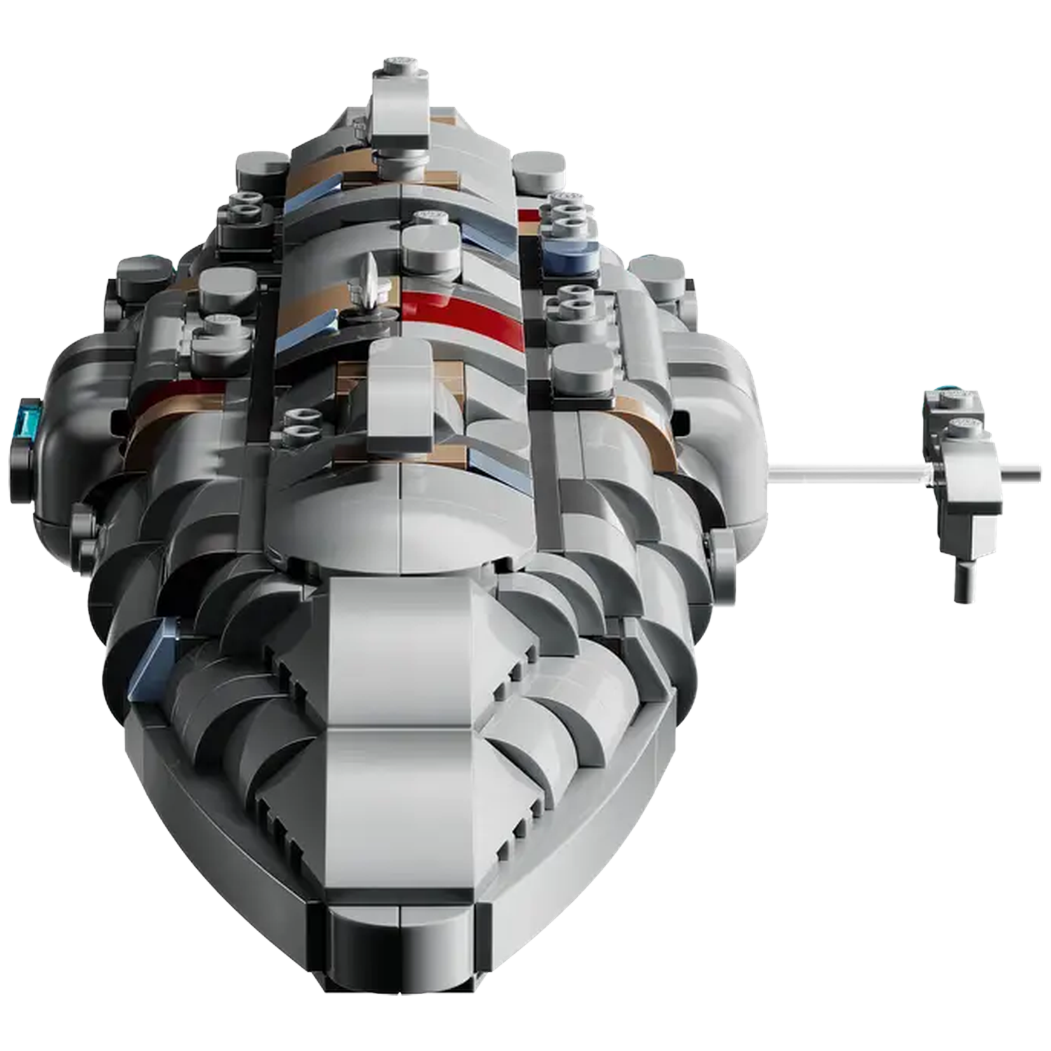 A gray Lego spaceship from a top view, with red and blue accents. It has a detachable part on the right side. White background.