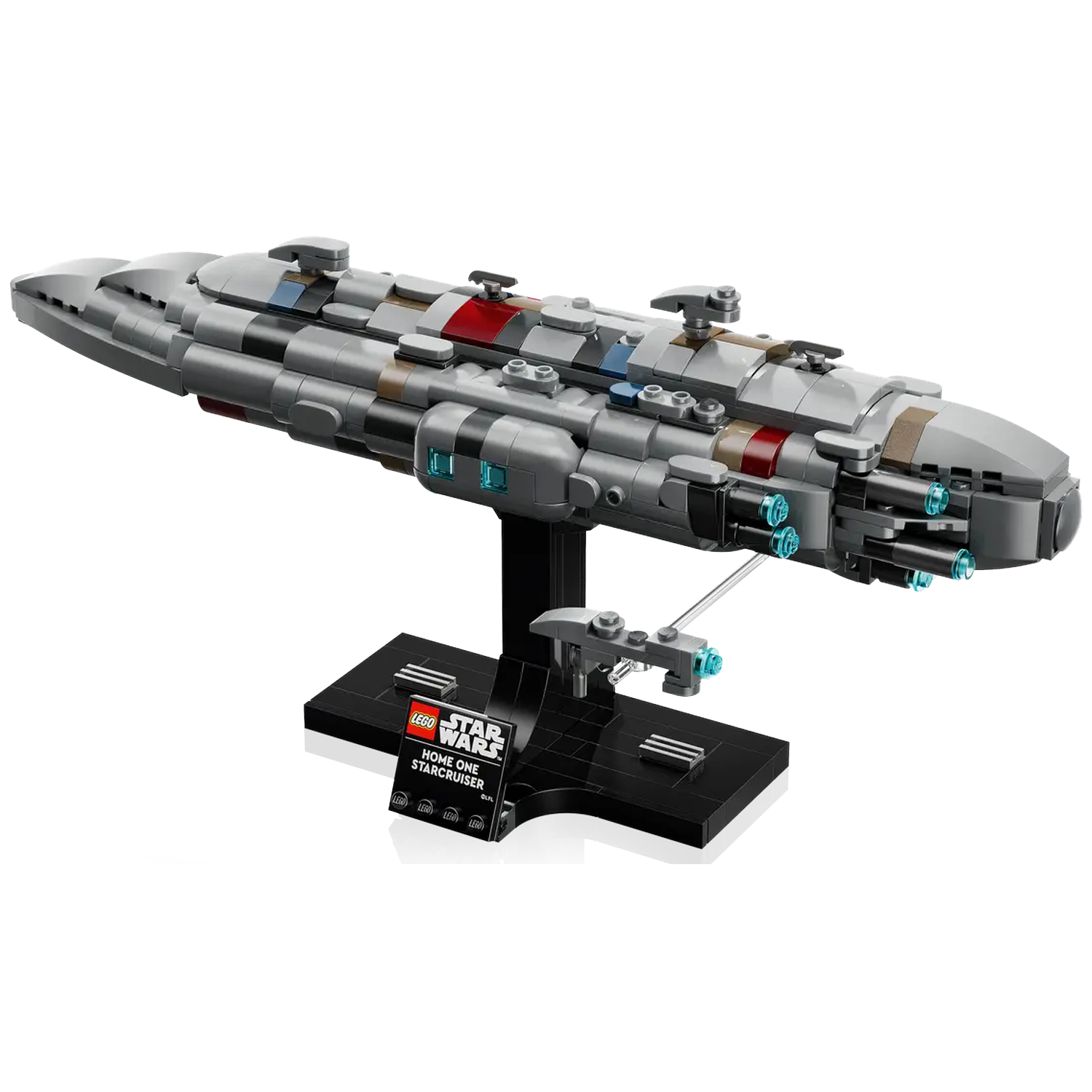 A Lego Star Wars Home One Star Cruiser model. The ship is gray with red and blue accents, on a black stand.