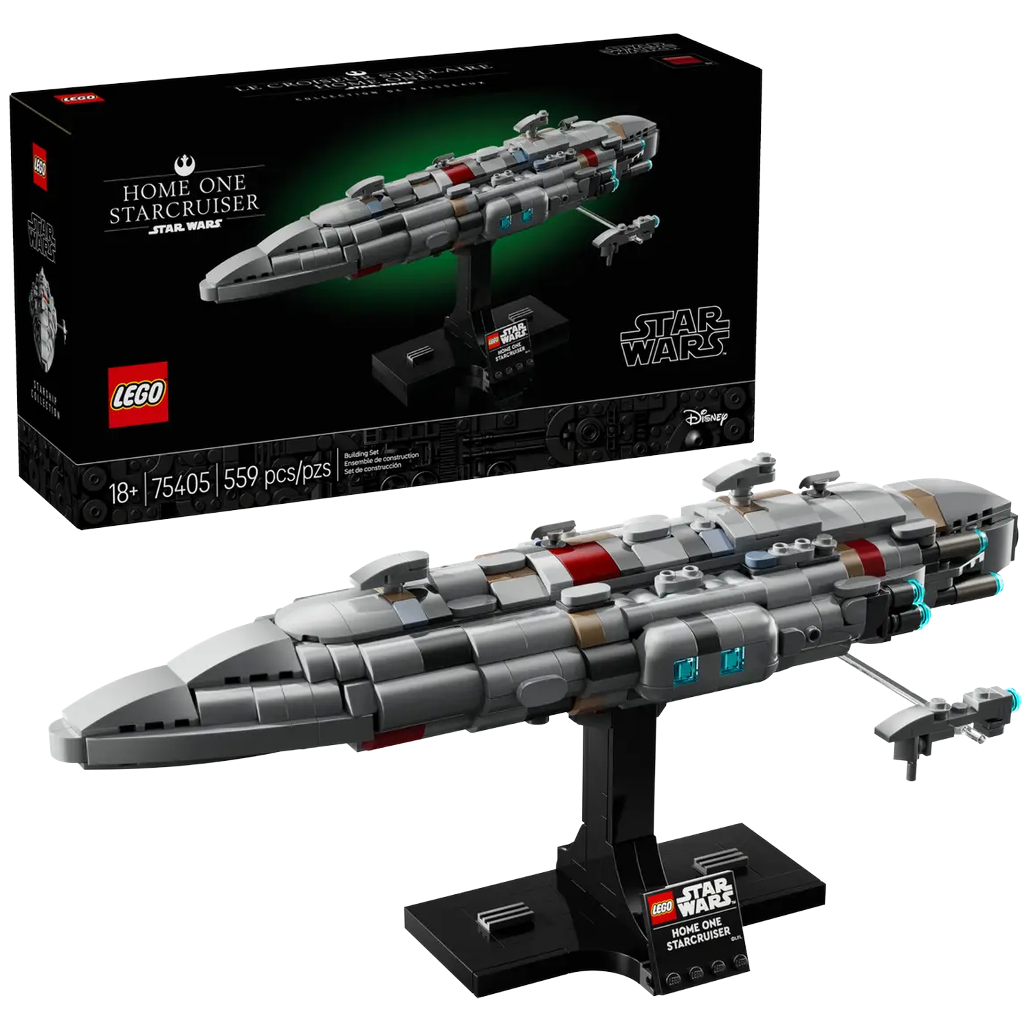 A Lego Star Wars Home One StarCruiser. The model is grey, with red accents. The box is in the background.