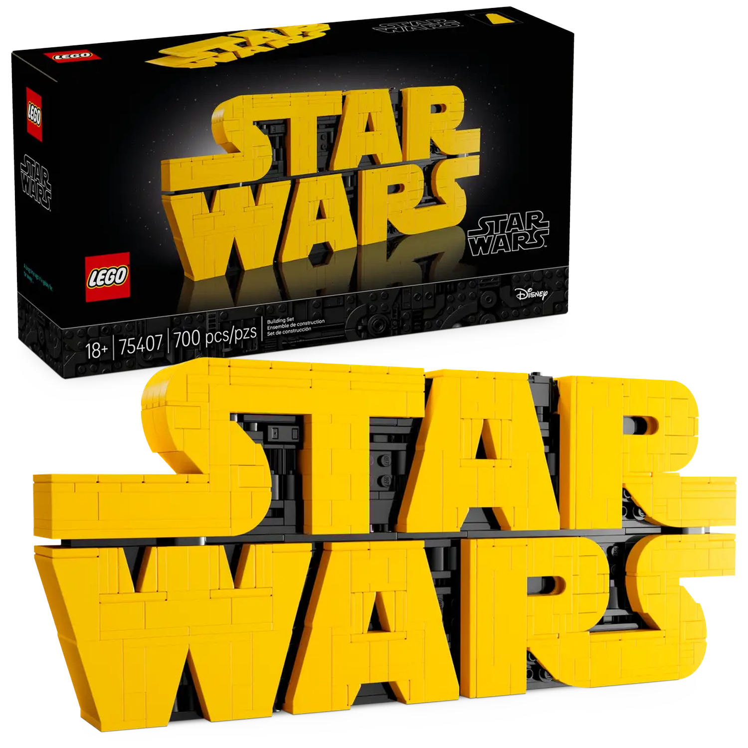 A Lego Star Wars set. The logo says 'STAR WARS' in yellow on black background. The box is in the background.