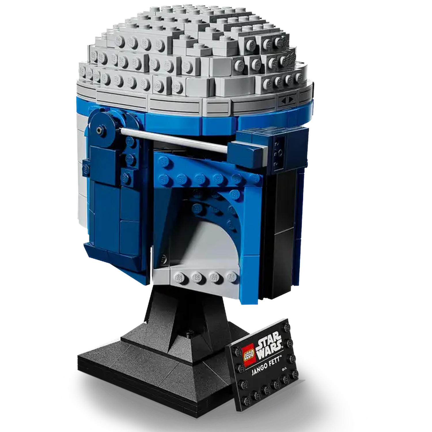 A Lego Jango Fett helmet. The helmet is blue, grey, and white, displayed on a black stand with a Star Wars logo.