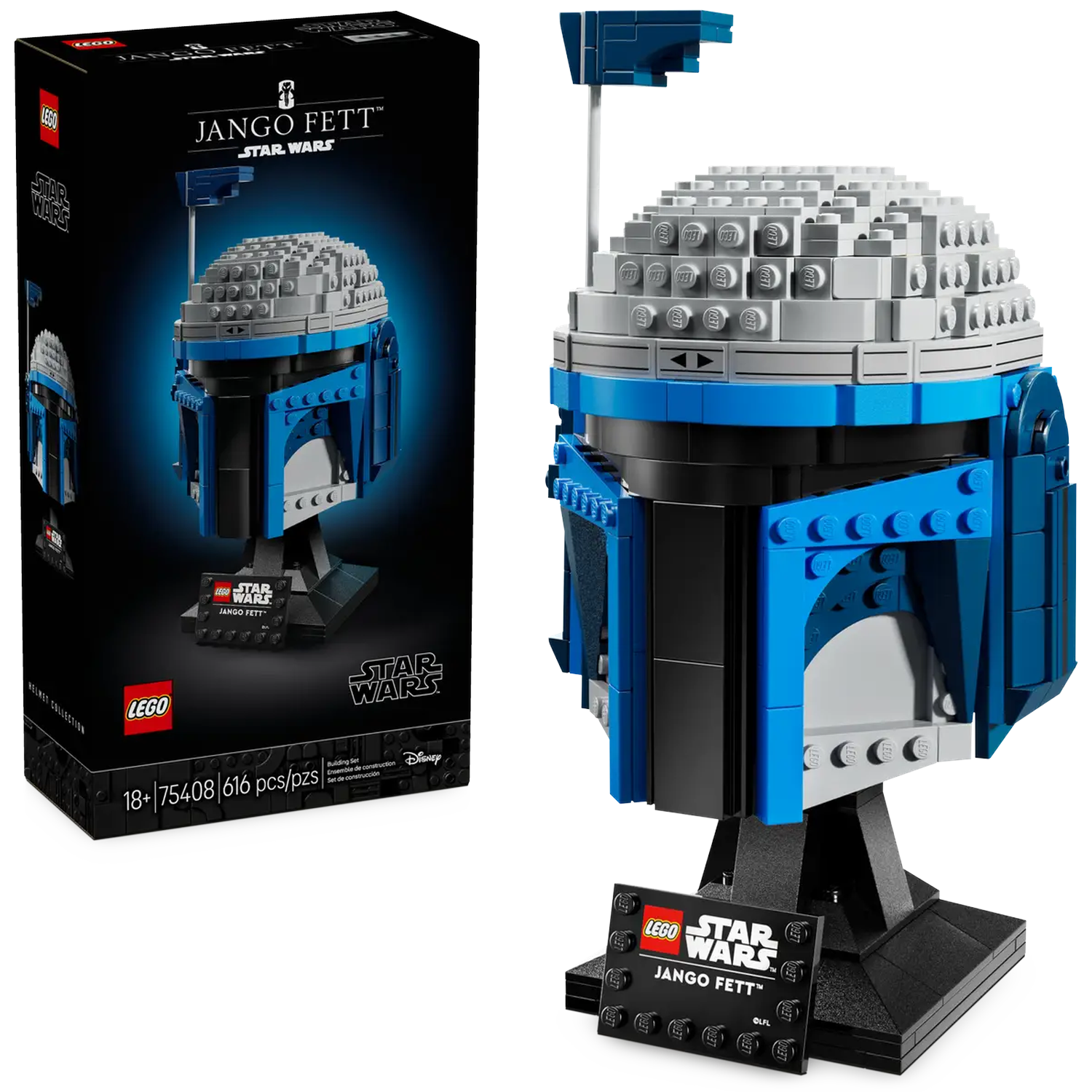 A Lego Star Wars Jango Fett helmet set. The helmet is blue, gray, and black, displayed on a black stand. A box is on the left.