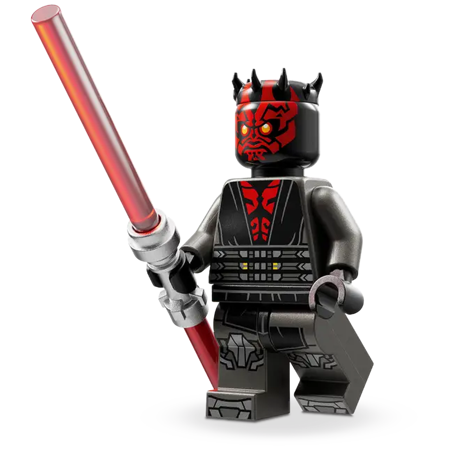 A Lego figure of Darth Maul holding a red lightsaber. He has a red and black face and wears dark grey armor.