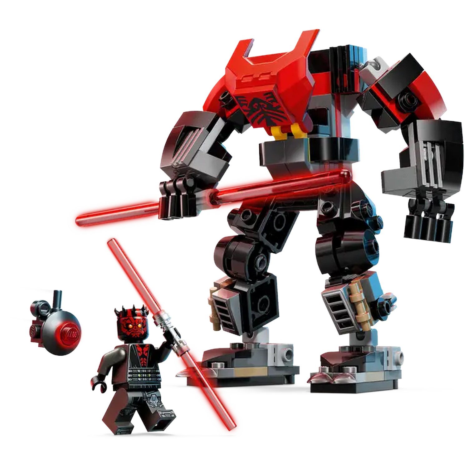 A Lego set featuring Darth Maul with a red lightsaber, a mech suit, and a small vehicle. The mech is red and black.