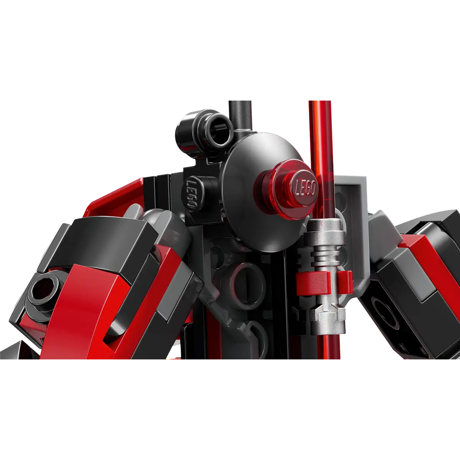 Close-up of a Lego robot with black and red blocks. A red, transparent rod and a red lens are in the center.