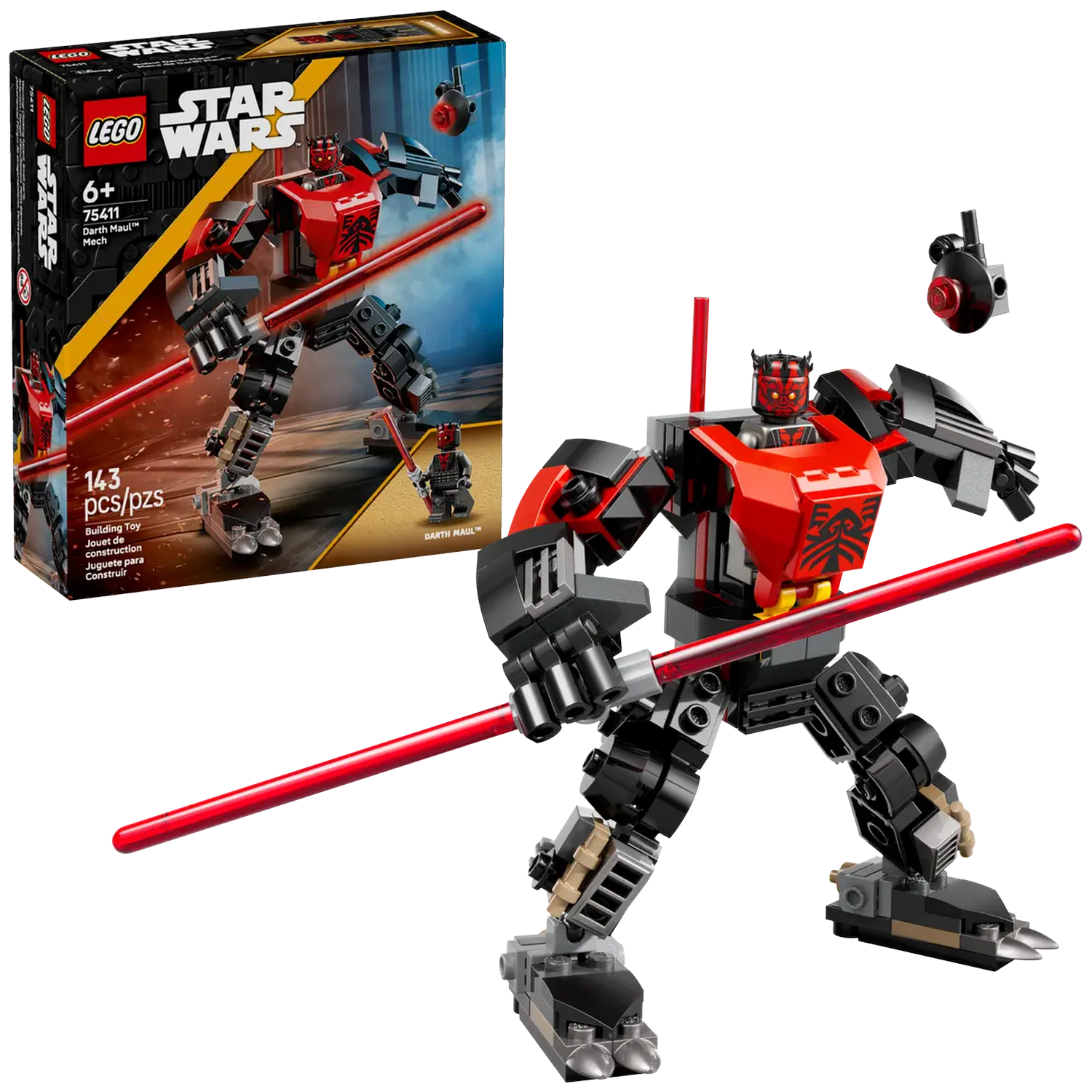 A Lego Star Wars Darth Maul mech figure with a red lightsaber, black and red colors. A box shows the mech and a smaller figure.