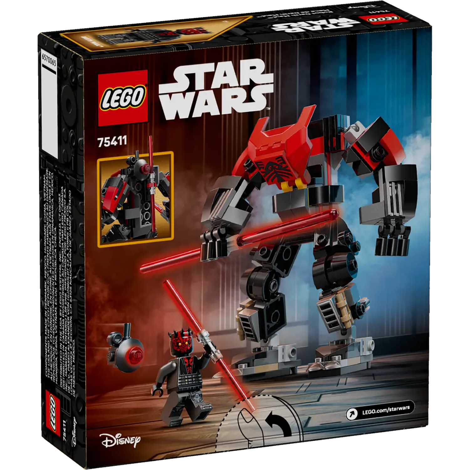 Lego Star Wars box. Features Darth Maul with a lightsaber and a large red and black mech. Lego logo and Disney.
