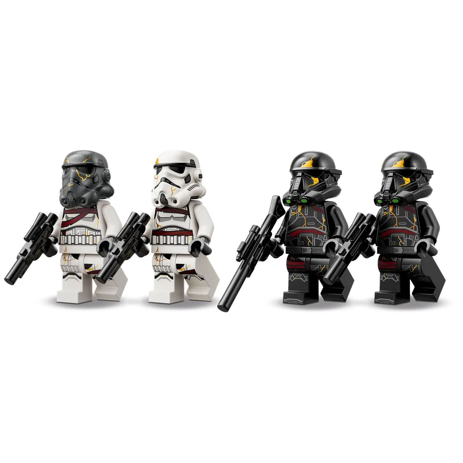 Four Lego Star Wars figurines. Two white Stormtroopers and two black Shadow Troopers, all holding guns, stand against a white background.