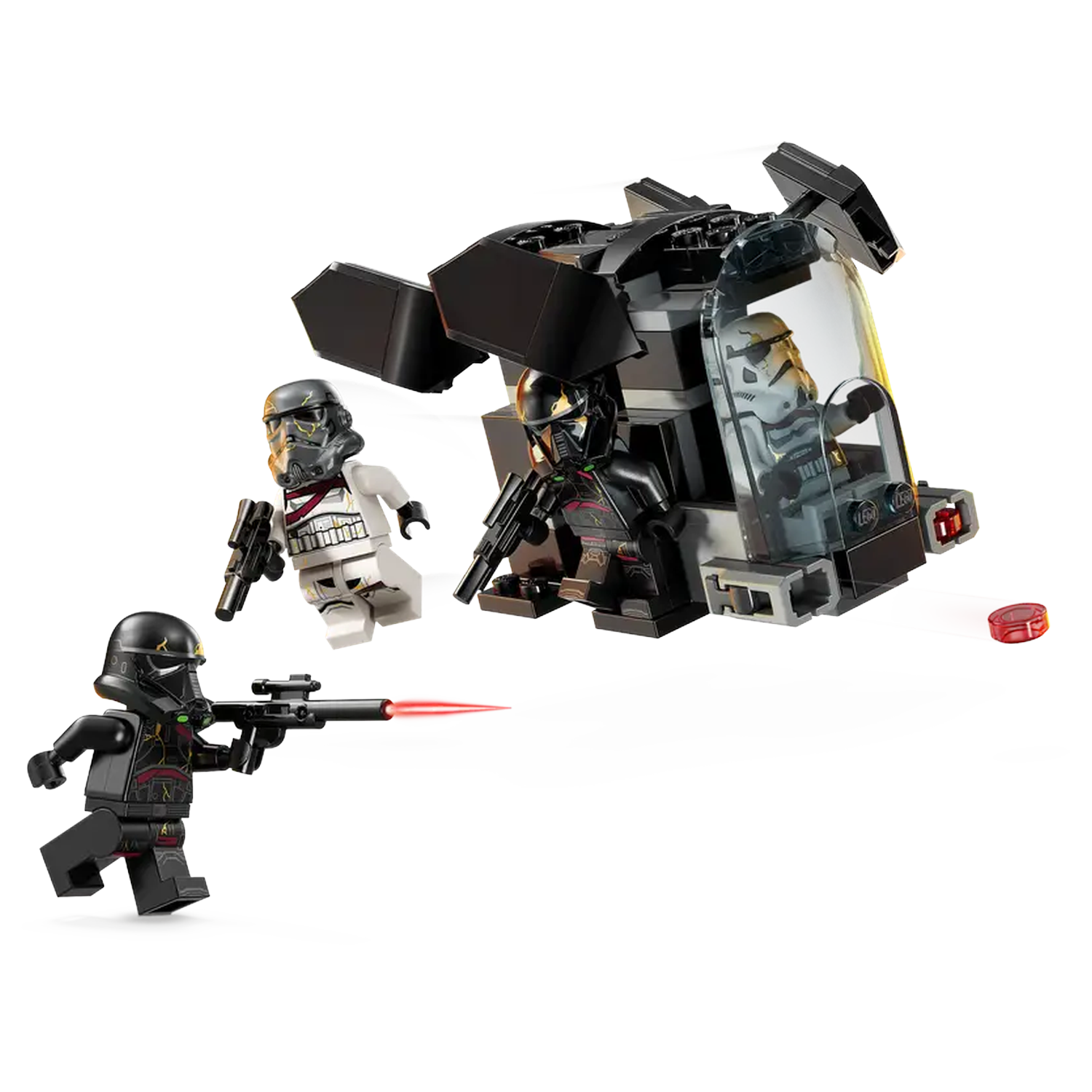 Lego Star Wars set. Black ship with stormtroopers. One figure shoots red laser. Other troopers are next to the ship.