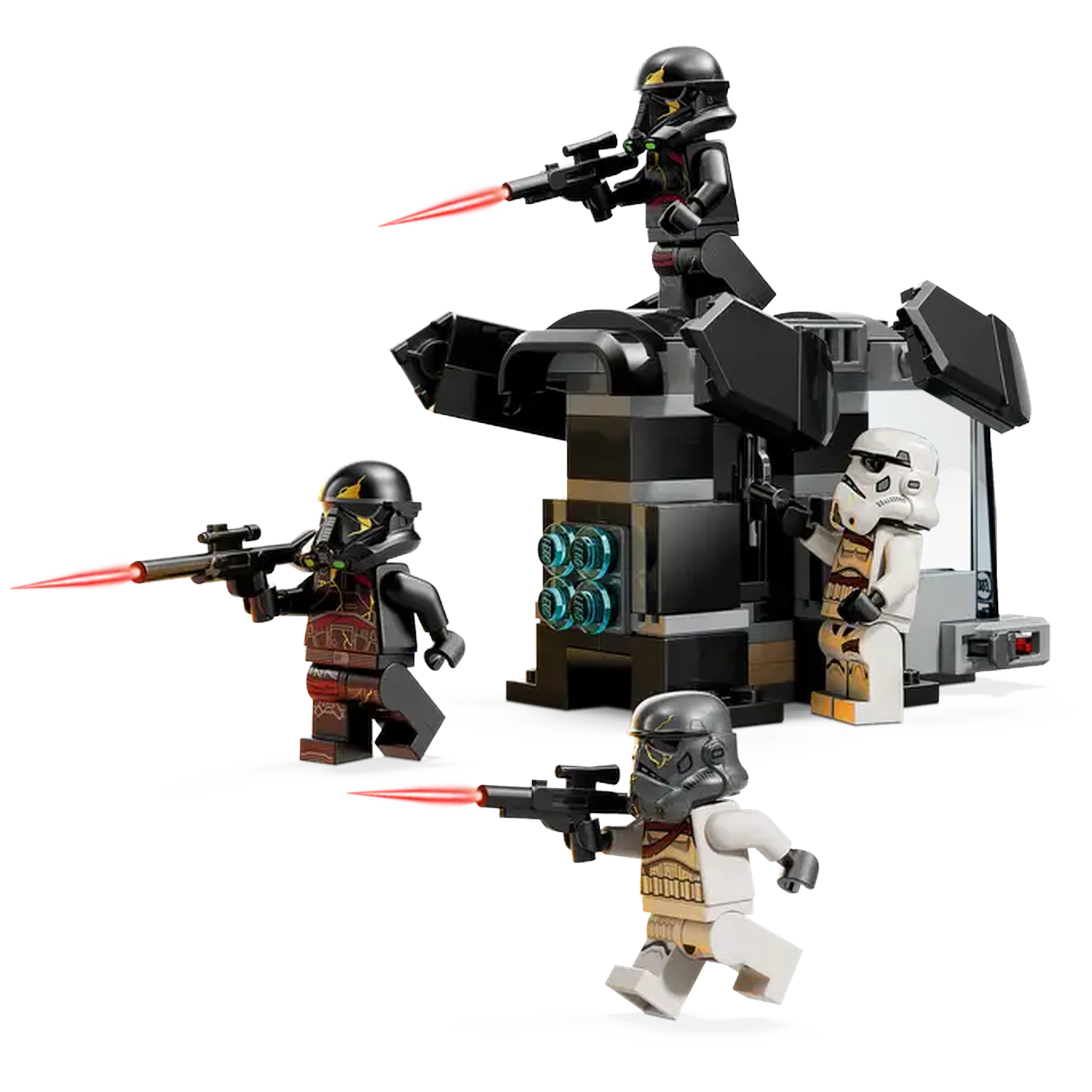 Lego Star Wars set features four minifigures with blasters, a black structure, and red laser blasts.