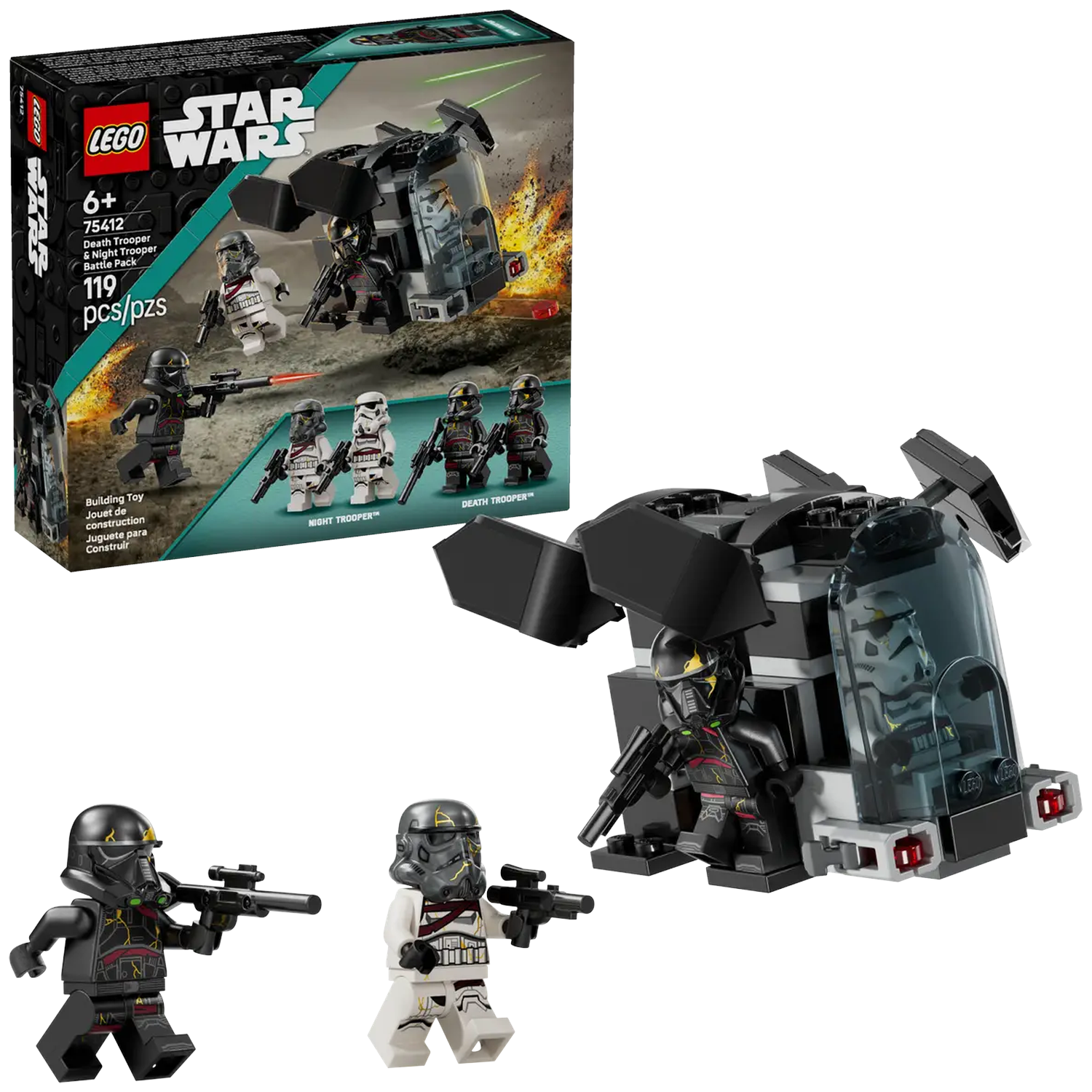 LEGO Star Wars Death Trooper & Night Trooper Battle Pack. Includes figures and a small vehicle. The box shows the set's contents.