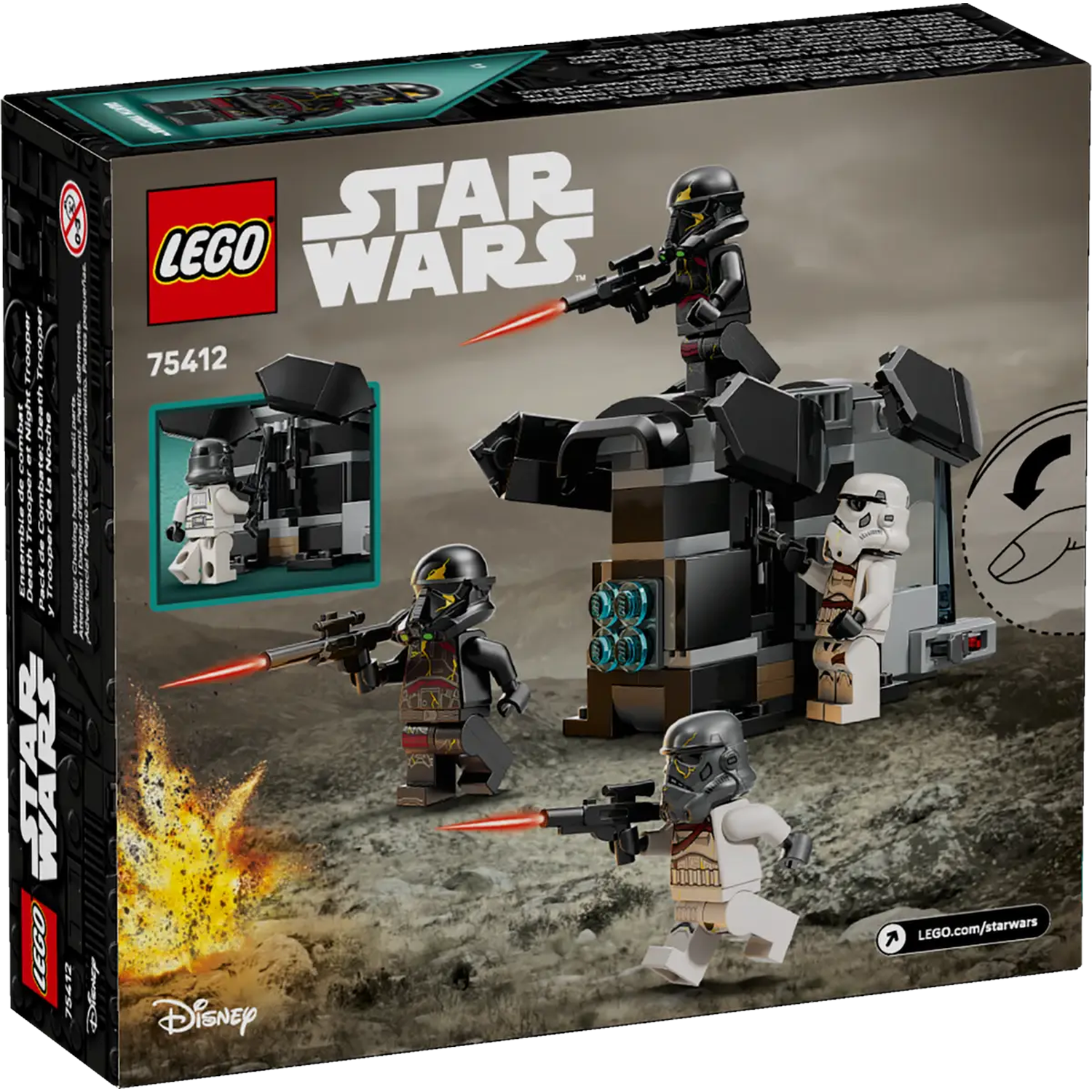 Lego Star Wars set. Shows Death Troopers and Night Troopers with blasters, a vehicle, and explosion on a box.